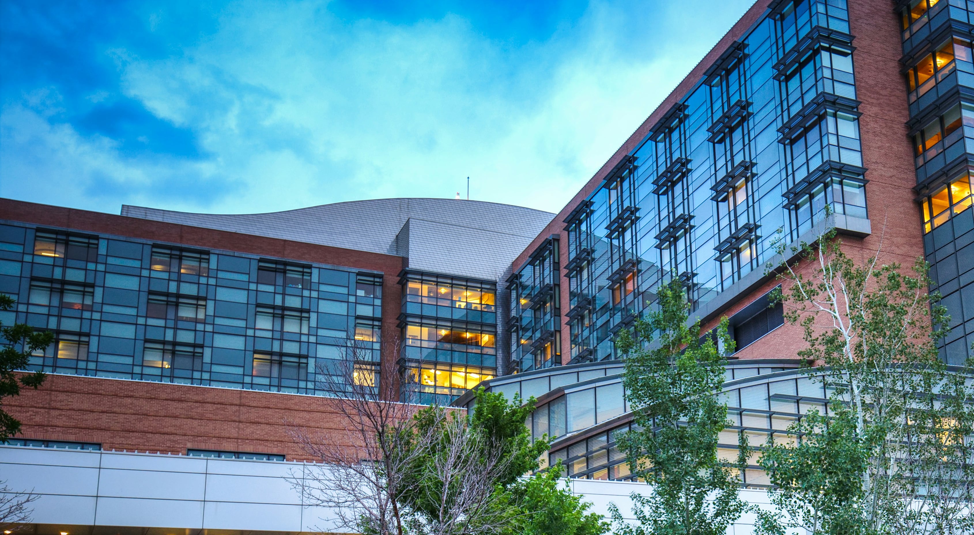 A modern healthcare campus at dusk, its glass and brick facade lit from within against an evening sky