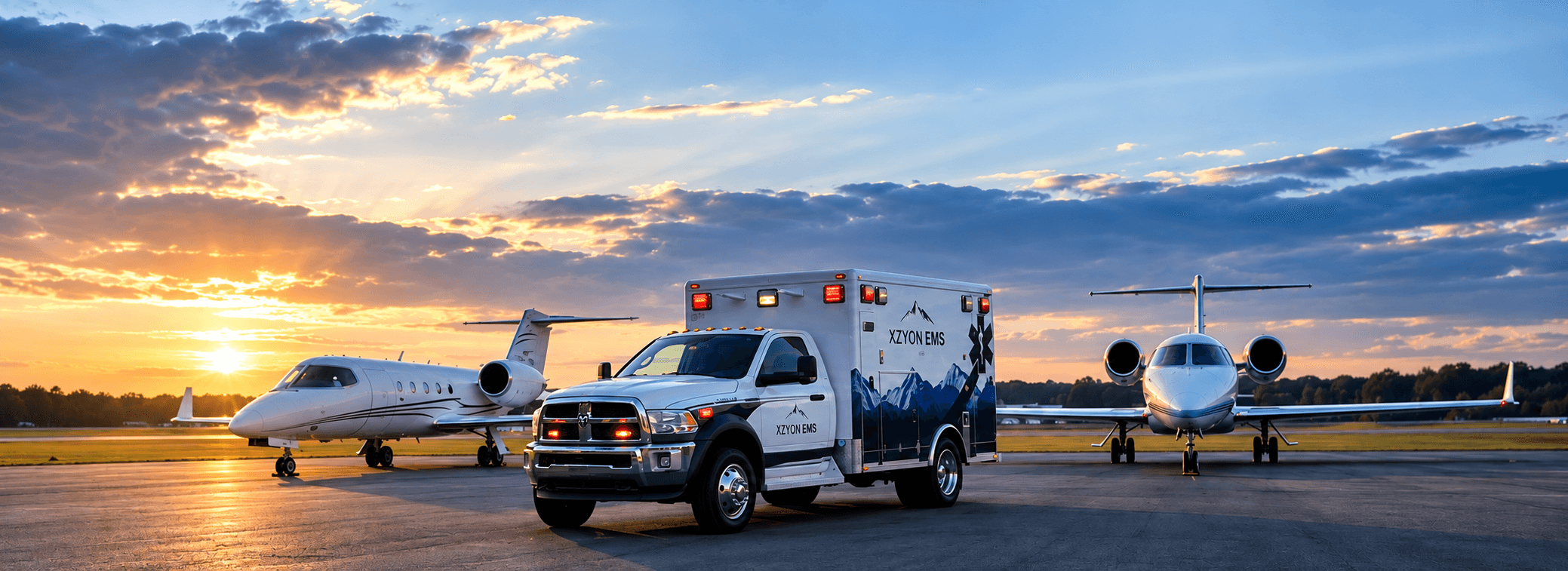 Xzyon EMS Ambulance positioned on an airport tarmac between two private jets at sunset.